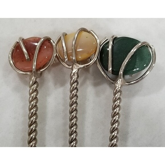 Gemstone polished stoned silver (sterling?plated?)cocktail pick 6 count - Picture 4 of 12